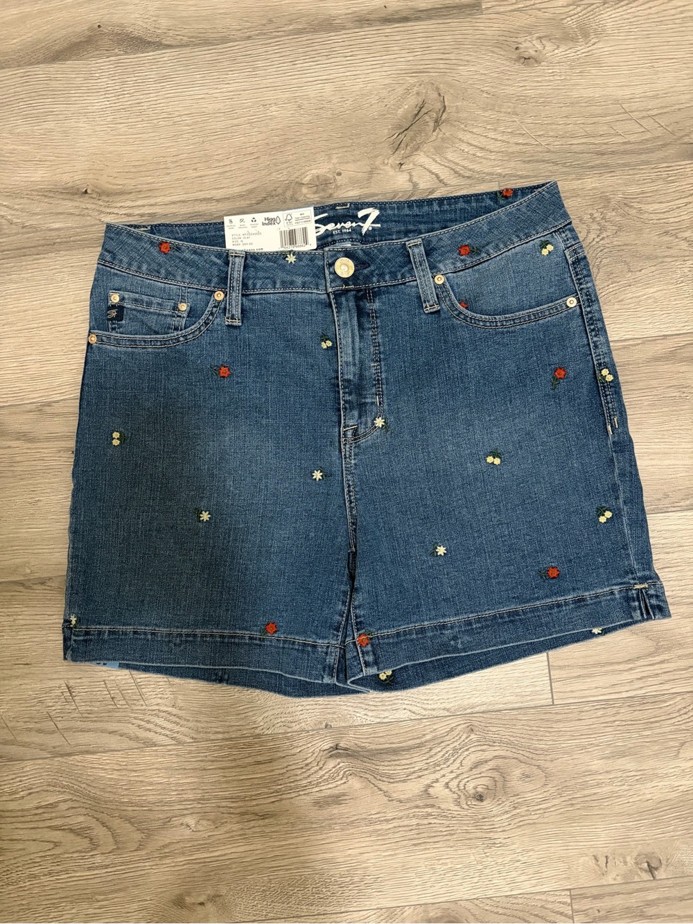 Seven7 Dark Blue Denim Mini Skirt with Embroidered Floral Dots